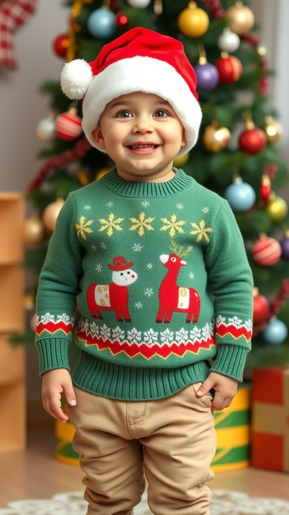 A young boy in a Christmas sweater and Santa hat, smiling in a festive setting.